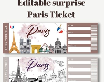May include: Two printable Paris ticket designs. The top ticket features a colorful illustration of Parisian landmarks, including the Eiffel Tower, Notre Dame Cathedral, and the Arc de Triomphe. The bottom ticket features a black and white sketch of Parisian landmarks, including the Eiffel Tower, the Arc de Triomphe, and the Sacré-Cœur Basilica. Both tickets have fields for a name, from, to, and a message.