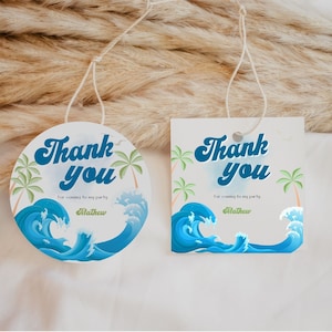 Bearbeitbare und druckbare Surf Favor Tag Vorlage, Surf Boy Birthday Favor Etiketten, Retro Der Große Surfen, Circle Square Party Danke Tags