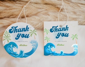 May include: Two round thank you tags with a blue ocean wave design and palm trees. The text on the tags reads "Thank you" and "For coming to my party". The name "Mathew" is printed below the text.