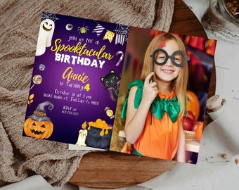 May include: Purple and yellow Halloween birthday invitation with a picture of a girl wearing a pumpkin costume and holding a pair of glasses. The invitation says "Join us for a Spooktacular Birthday Annie is turning 4 October 18 at 3 pm 16385 Main St. Dallas TX 99900 RSVP at 800.000.000"