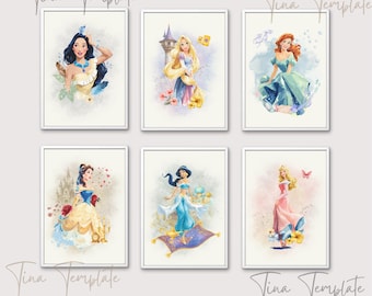 Set 7 Princess Printable art Disney Princess Nursery Decor, Watercolor Princess Girls Room Decor, Princess Nursery Decoration Wall art