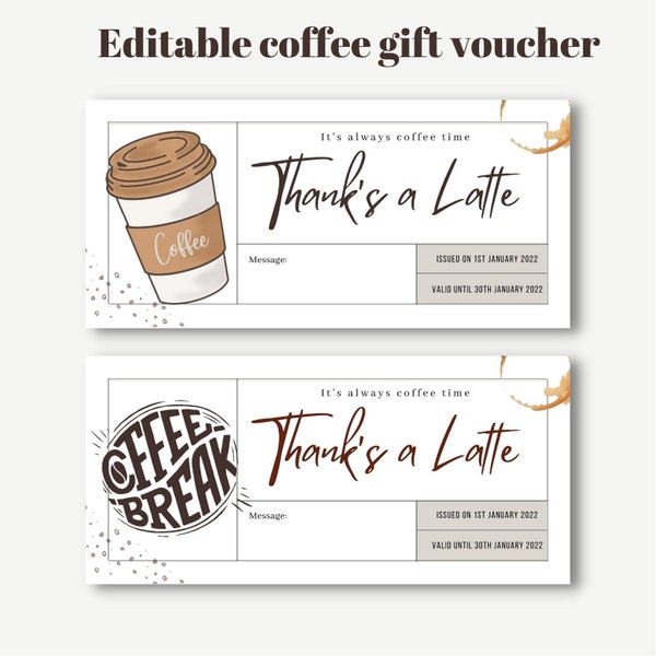 Modèle de coupon-cadeau de café modifiable, certificat-cadeau de remerciement imprimable Latte, modèle numérique d'idée de cadeau, carte-cadeau d'amateur de café