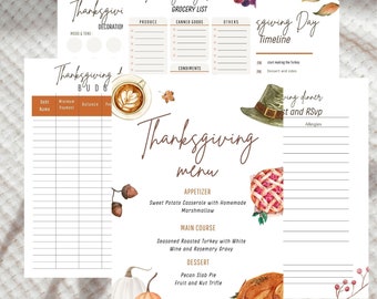 May include: Printable Thanksgiving planner with a watercolor design. Includes sections for a grocery list, menu, budget, guest list, and a timeline for the day.
