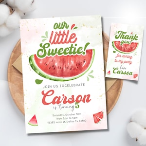 Editable and Printable Watermelon Birthday Invitation, Watermelon Birthday Invite, Watermelon Party Invitation, Watermelon Thank you tag