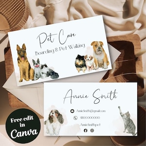 Bearbeitbare und druckbare Haustier-Visitenkartenvorlage, Haustier-Visitenkarte, Hund wecken Geschäft, Haustier-Boarding-Karte, Tier, Aquarell