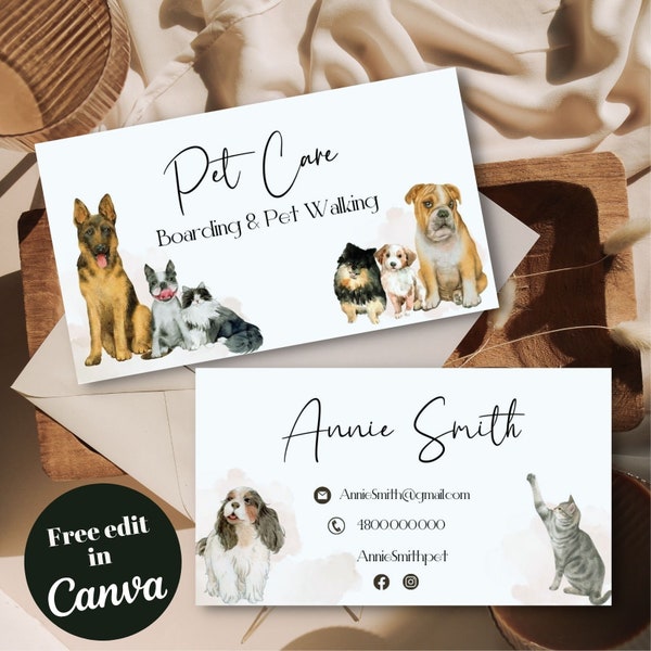 Editable and Printable Pet Sitting Business card template, Pet Business card, Dog Waking Business, Pet Boarding card, Animal, watercolor