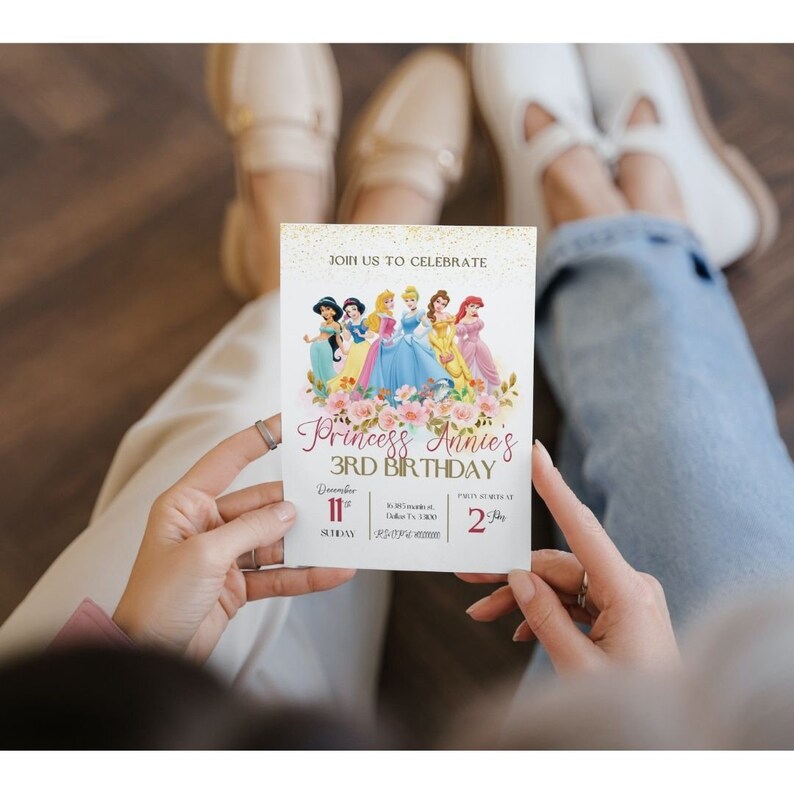 May include: A pink and gold birthday invitation with a picture of Disney princesses. The invitation says "Join us to celebrate Princess Annie's 3rd Birthday" and includes the date and time of the party.