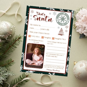 Plantilla de carta a Papá Noel editable e imprimible, carta a Papá Noel, carta para niños de Navidad, plantilla de carta de querido Papá Noel con marco de fotos