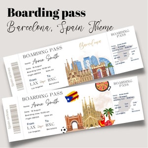 Druckbares und bearbeitbares Barcelona Spanien Surprise Bordkartenticket, Reiseticket nach Barcelona Vorlage, Urlaubsticket, Bordkarte BNC