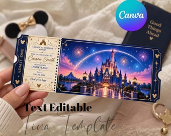 Modèle de billet Disneyland modifiable, billet surprise pour un voyage à Disney World, annonce de voyage Disney, cadeau de vacances à imprimer, modèle Canva