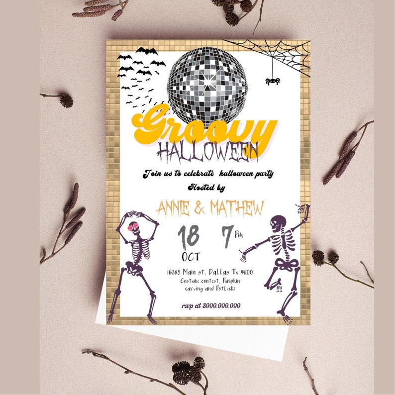 May include: A Halloween party invitation with a gold mosaic border. The invitation features a disco ball, bats, and skeletons. Text includes "Groovy Halloween", party details, and the names "Annie & Mathew".
