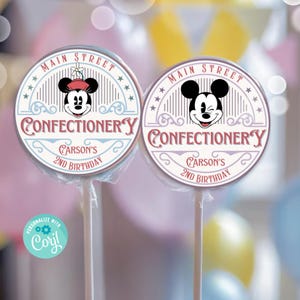 Main Street Confectionery, Mickey Lollipop, Mickey & Minnie cupcake Candy Label, Minnie and Mickey Baby Shower, Disneyland Birthday tag