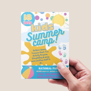 May include: A colorful flyer for a kids summer camp. The flyer has a yellow sun, blue sky, and a yellow splatter paint design. The text on the flyer reads "Kids Summer Camp!" and includes details about the camp, such as outdoor games, treasure hunt, and a fun activity program. The flyer also includes the camp's address and website.
