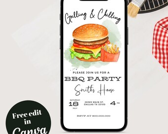 Editable and mobile Chilling and grilling bbq invitation, Backyard burger invite, Burger Barbecue adult party, housewarming invite, BBQ