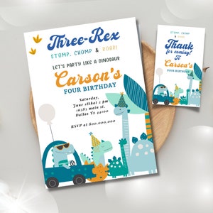 Editable Dinosaur birthday party invitation template, Dinosaur birthday invite, Jurassic Trex, Dinosaur party, Dinosaur thank you tag