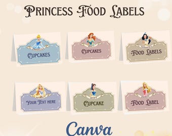 May include: Princess food labels with illustrations of Disney princesses. The labels are in various colors, including blue, pink, and green, with text such as "Cupcakes" and "Food Labels." The word "Canva" is at the bottom.