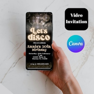 Editable Let's Disco Retro video Birthday Party Invitation template, Groovy Retro 70s Disco Birthday Party Adult Birthday, Any Age Party