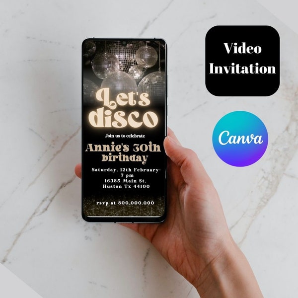 Editable Let's Disco Retro video Birthday Party Invitation template, Groovy Retro 70s Disco Birthday Party Adult Birthday, Any Age Party