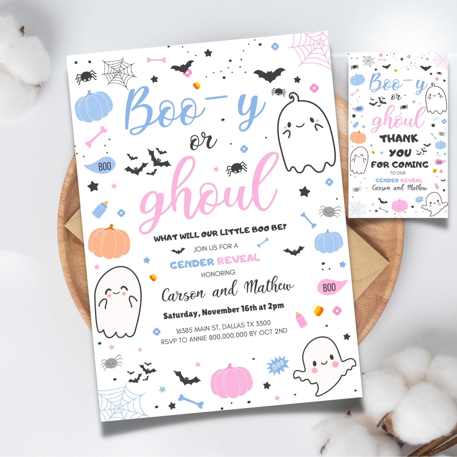 Editable and Printable Halloween Gender Reveal Invitation template Little Boo Ghost Gender Reveal Booy or Ghoul Gender Reveal