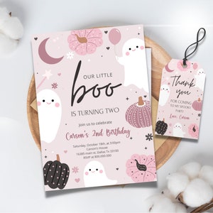 Editable and printable Little Boo ghost pink Halloween birthday invitation, Boho Our little Boo 2nd birthday template, Halloween Ghost party