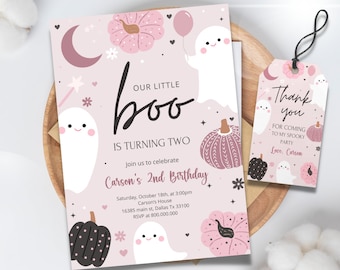 May include: A pink birthday invitation and matching tag with a spooky theme. The invitation reads "Our Little Boo is Turning Two" with ghost and pumpkin illustrations. The tag says "Thank you for coming to my spooky party."