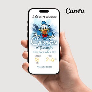 Editable Donald Duck Birthday mobile Invitation, Watercolor Birthday phone Invitation,  Donald Duck theme mobile Invitation template