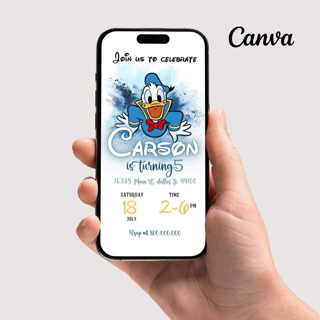 Editable Donald Duck Birthday mobile Invitation, Watercolor Birthday phone Invitation,  Donald Duck theme mobile Invitation template