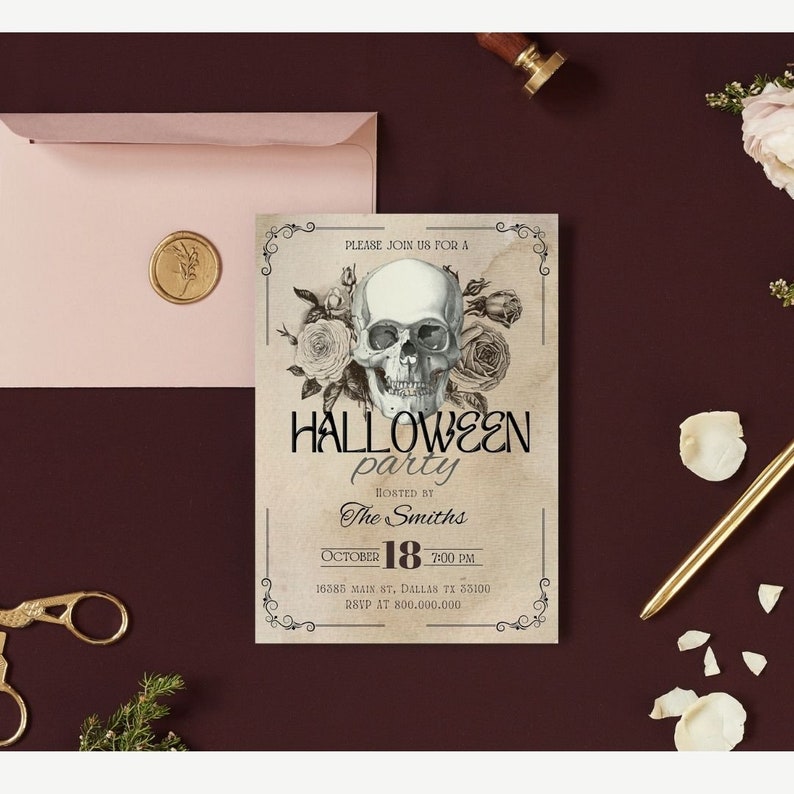 editable Vintage Halloween Invitations, 70s Halloween Party Invite, Antique Adults Halloween Costume party Invite, Editable Printable image 3