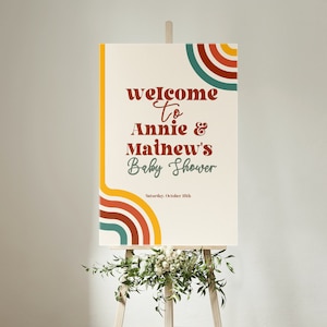 Cartel de bienvenida para baby shower con tema Groovy editable e imprimible, Baby shower retro, Cartel de baby shower con tema retro de los años 70, Cartel de bienvenida para baby shower