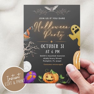 Editable and printable Halloween Party Invitation template, Neon Electronic Halloween invite, Halloween party Invite