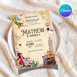 Modèle imprimable d&#39;invitation à une fête de Peter Pan, invitation à une fête d&#39;anniversaire de Peter Pan Neverland, anniversaire de ne jamais grandir, fête d&#39;anniversaire de Peter