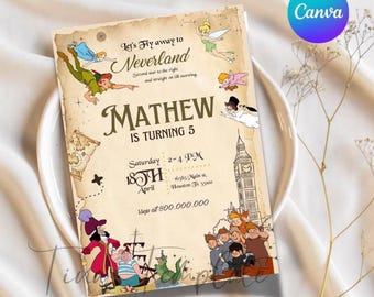 May include: A vintage-style invitation for a 5th birthday party with a Peter Pan theme. The invitation features illustrations of Peter Pan, Tinkerbell, Captain Hook, and other characters from the story. The text on the invitation reads "Let's Fly away to Neverland" and "Mathew is turning 5".