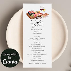 Elegante und minimalistische Sushi-Nacht-Menüvorlage, Sushi-Menü-Geburtstagsfeier, Mädchen-Nachtparty, Sushi-Verlobungsparty, Menüvorlage