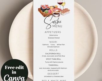 Elegant and minimalist sushi night menu template, sushi menu Birthday celebration,  girls night party, sushi engagement party, menu template