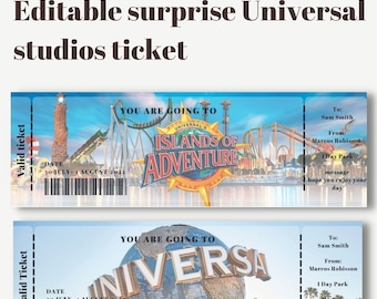 Billet surprise imprimable et modifiable Universal studios, billet cadeau Universal, billet vacances modifiable, billet cadeau parc, parc Orlando