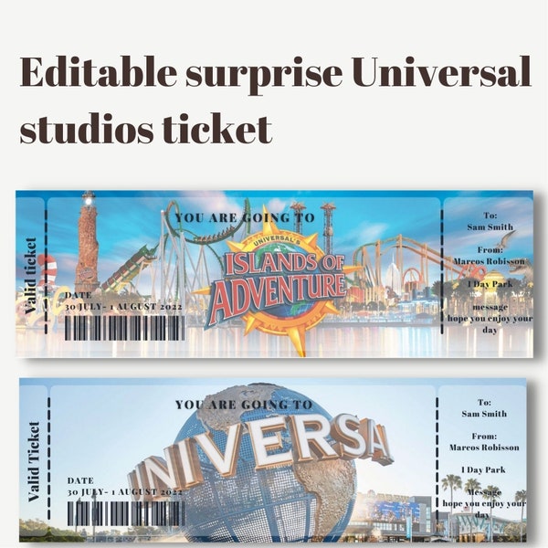 Afdrukbaar en bewerkbaar Universal Studios verrassingsticket, Universal cadeauticket, bewerkbaar vakantieticket, parkcadeauticket, Orlando park