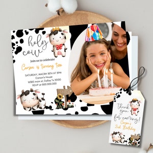 Editable and printable Cow birthday photo party invitation template, Holy Cow kid birthday party, Cow Thank you tag, Cow theme birthday