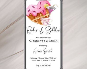 Electronic Galentines Brunch invitation template, Iphone Babes and Bubbles valentines Brunch invite template, Etext Valentines Girls Brunch