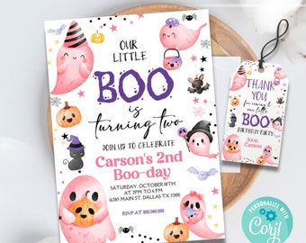 Editable and Printable Our Little Boo Birthday Invitation, Little Boo turning Two Halloween party, Ghost Birthday Cute Ghost Corjl template