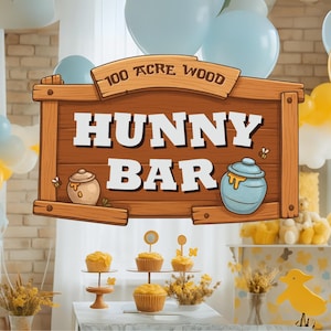Winnie the Pooh Sign birthday party, Hunny sign Winnie the Pooh sign, Hundred Acre Wood Birthday, Bear Baby Shower, Pooh Party Decoration