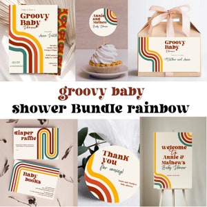 Modèle modifiable de lot de baby shower groovy arc-en-ciel, articles de fête de baby shower rétro des années 70, thème de baby shower groovy, lot rétro arc-en-ciel