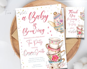 Editable Tea Party Baby Shower Invitation template, Tea Shower Sprinkle Floral Pink Blush Brunch Bubble, Thank you Tag baby shower