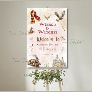 Editable Wizard Birthday Party welcome sign, Magical Wizard and Witches Red House welcome sign theme, Magical kid birthday party supplies