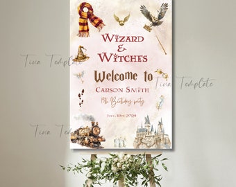 Editable Wizard Birthday Party welcome sign, Magical Wizard and Witches Red House welcome sign theme, Magical kid birthday party supplies
