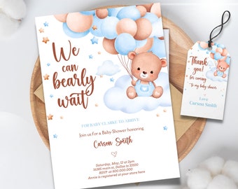 Invitation modifiable de douche de bébé de montgolfière d’ours de nounours, douche de bébé d’ours en peluche bleu de garçon, nous pouvons Bearly attendre la douche merci tag