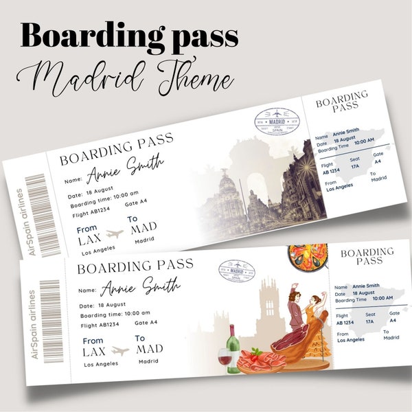 Printable and editable Madrid Surprise boarding pass ticket, trip ticket to Spain, Vacation ticket , editable template, Boarding Pass MAD