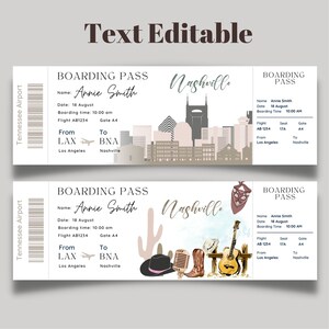Printable and editable Nashville Tennessee Surprise boarding pass ticket, trip ticket to Nashville ,Vacation ticket , Boarding Pass template image 2
