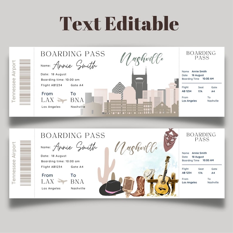 Printable and editable Nashville Tennessee Surprise boarding pass ticket, trip ticket to Nashville ,Vacation ticket , Boarding Pass template image 2