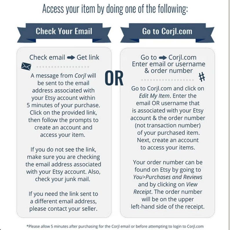 May include: A white and blue graphic with instructions on how to access your item after purchasing it on Etsy. The graphic shows two options: check your email for a link or go to Corjl.com and enter your email or username and order number.