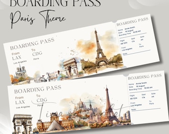 May include: Two boarding passes with a Paris theme. The passes feature watercolor illustrations of Parisian landmarks, including the Eiffel Tower and Arc de Triomphe. The text "BOARDING PASS" and "Paris Theme" are displayed.